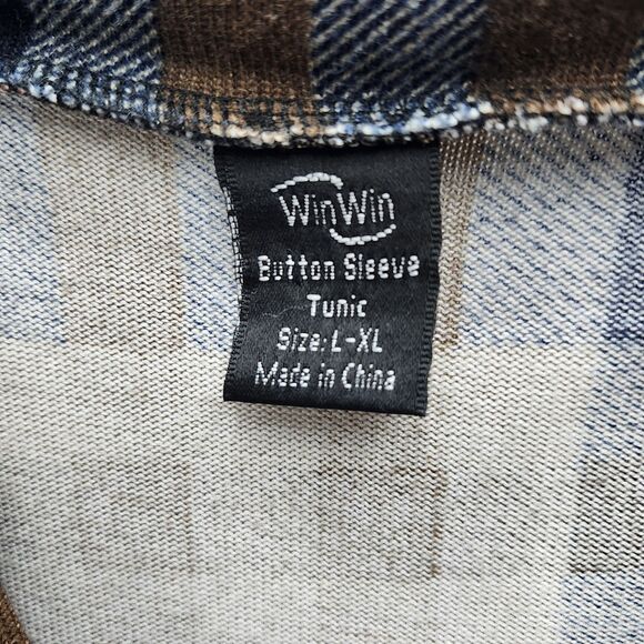 WinWin Button Sleeve Tunic Top Shirt Womens L-XL Blue Brown Plaid V-Neck Casual - Picture 5 of 9